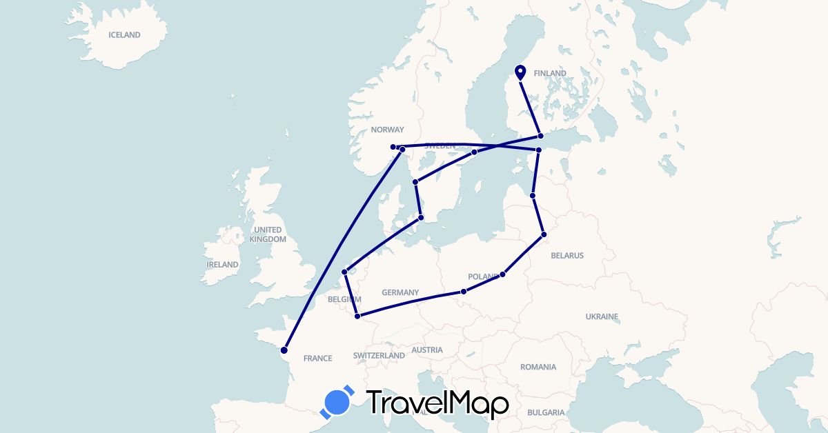 TravelMap itinerary: driving in Denmark, Estonia, Finland, France, Lithuania, Luxembourg, Latvia, Netherlands, Norway, Poland, Sweden (Europe)